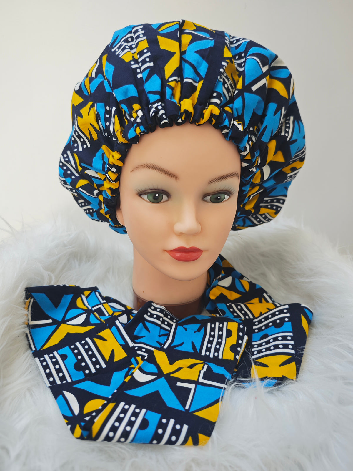 bonnet en wax cheveux motifs afro mon panier afro motifs bleu jaune