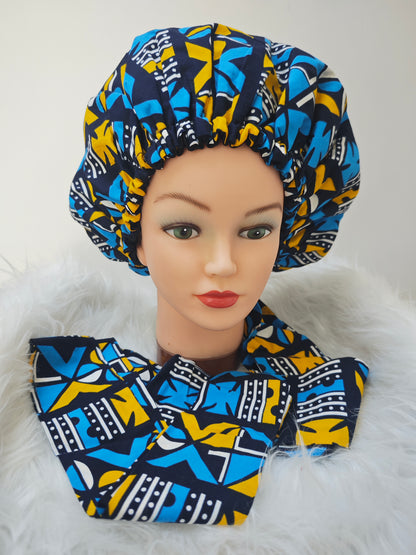bonnet en wax cheveux motifs afro mon panier afro motifs bleu jaune