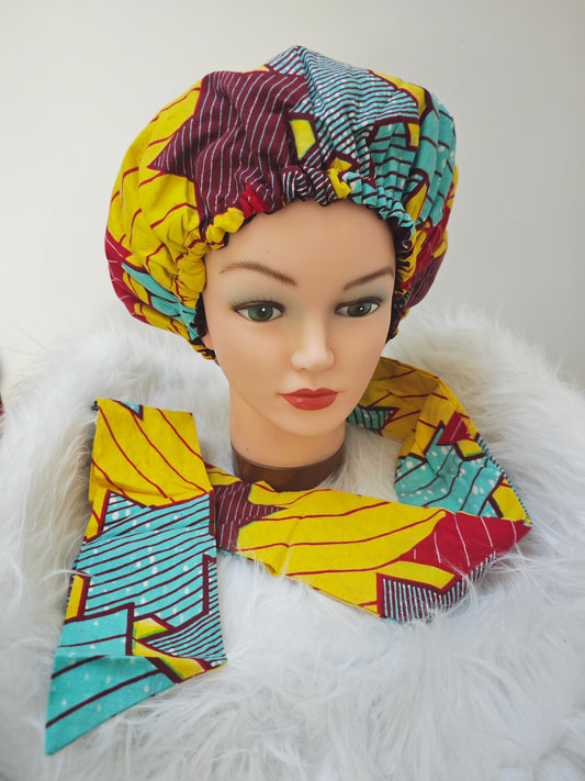 bonnet en wax cheveux motifs afro mon panier afro motifs jaune rouge