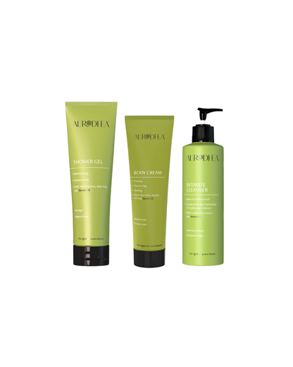 gamme de soins du corps à l'huile de neem, formulée pour respecter et nourrir votre peau. gel douche purifiant, gel intime délicat, crème corps hydratante