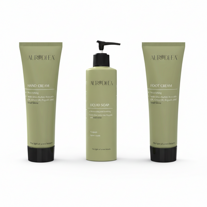 gamme de soins pour mains et pieds à la bave d'escargot savon liquide, crème mains, crème pieds