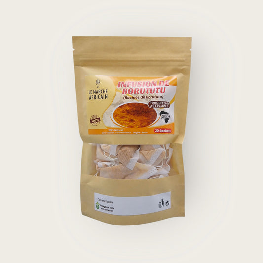 infusion de Borututu, une boisson traditionnelle aux multiples vertus. Le Borututu est réputé pour ses propriétés digestives et revitalisantes