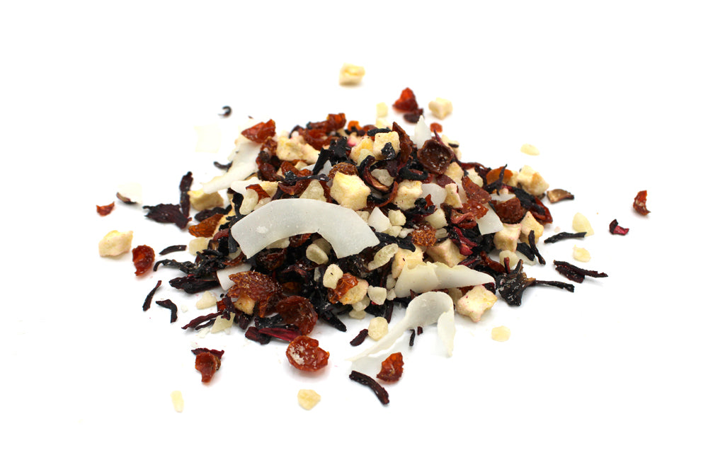 L'infusion Piña Colada est une boisson tropicale à base d'ananas, d'églantier, de pommes et de copeaux de noix de coco. vrac