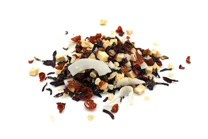 L'infusion Piña Colada est une boisson tropicale à base d'ananas, d'églantier, de pommes et de copeaux de noix de coco. vrac