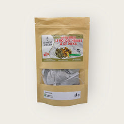 l’Infusion Roi des Herbes & Djeka Idéale pour accompagner les périodes de transition ou de fatigue Son goût est végétal, légèrement épicé, avec une belle profondeur en bouche